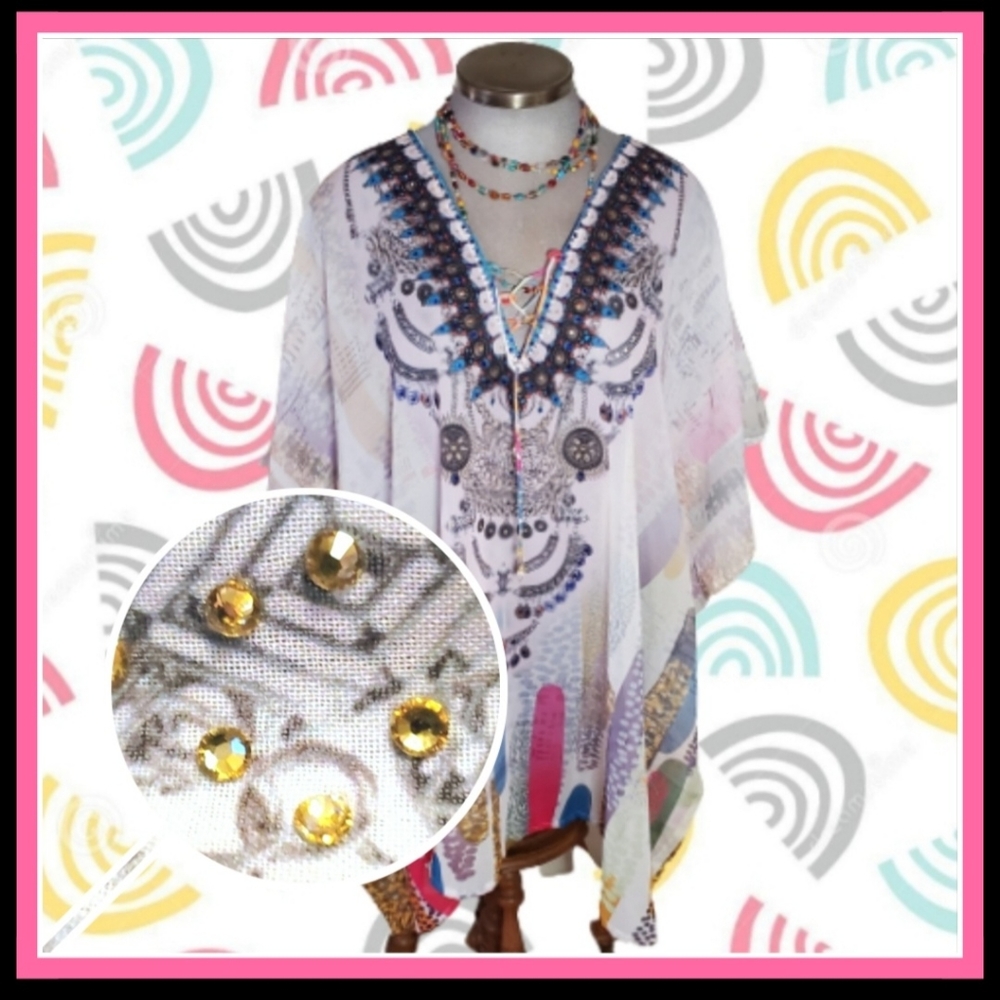COLORFUL ☆ RHINESTONE ACCENTED ☆ CAFTAN TOP/POOL COVER-UP ☆ NWT